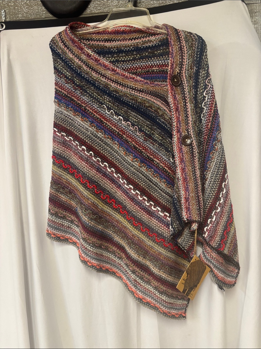 Multi-Stripe Button-Front Knit Wrap Poncho in Multicolor